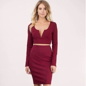 Kylie Bodycon Set in Wine Color Red Matching Set V Nexk Long Sleeve Skirt Set